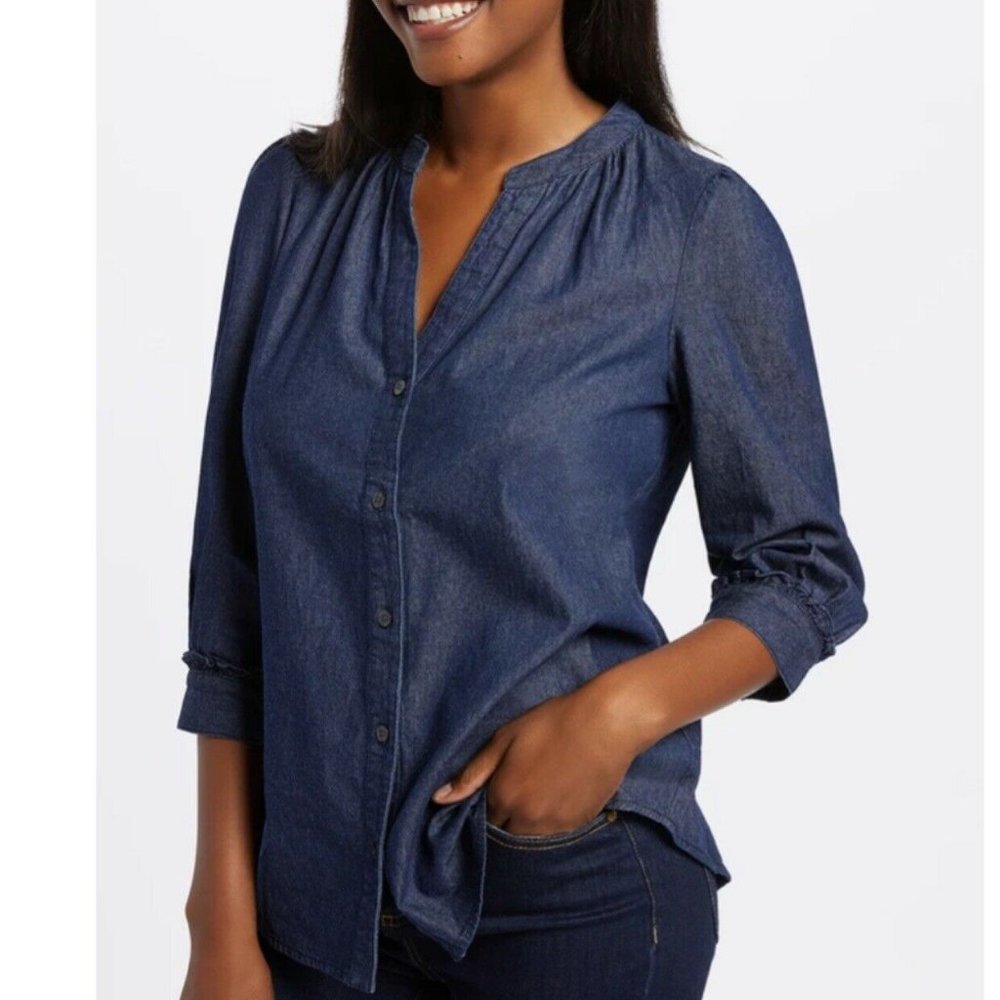 Draper James Gathered Naisha Chambray Shirt XS V-neck Business Casual Academia